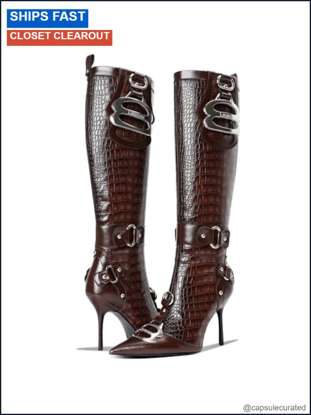 Croc-Embossed Faux Leather Knee High Stiletto Boots Pointed Toe